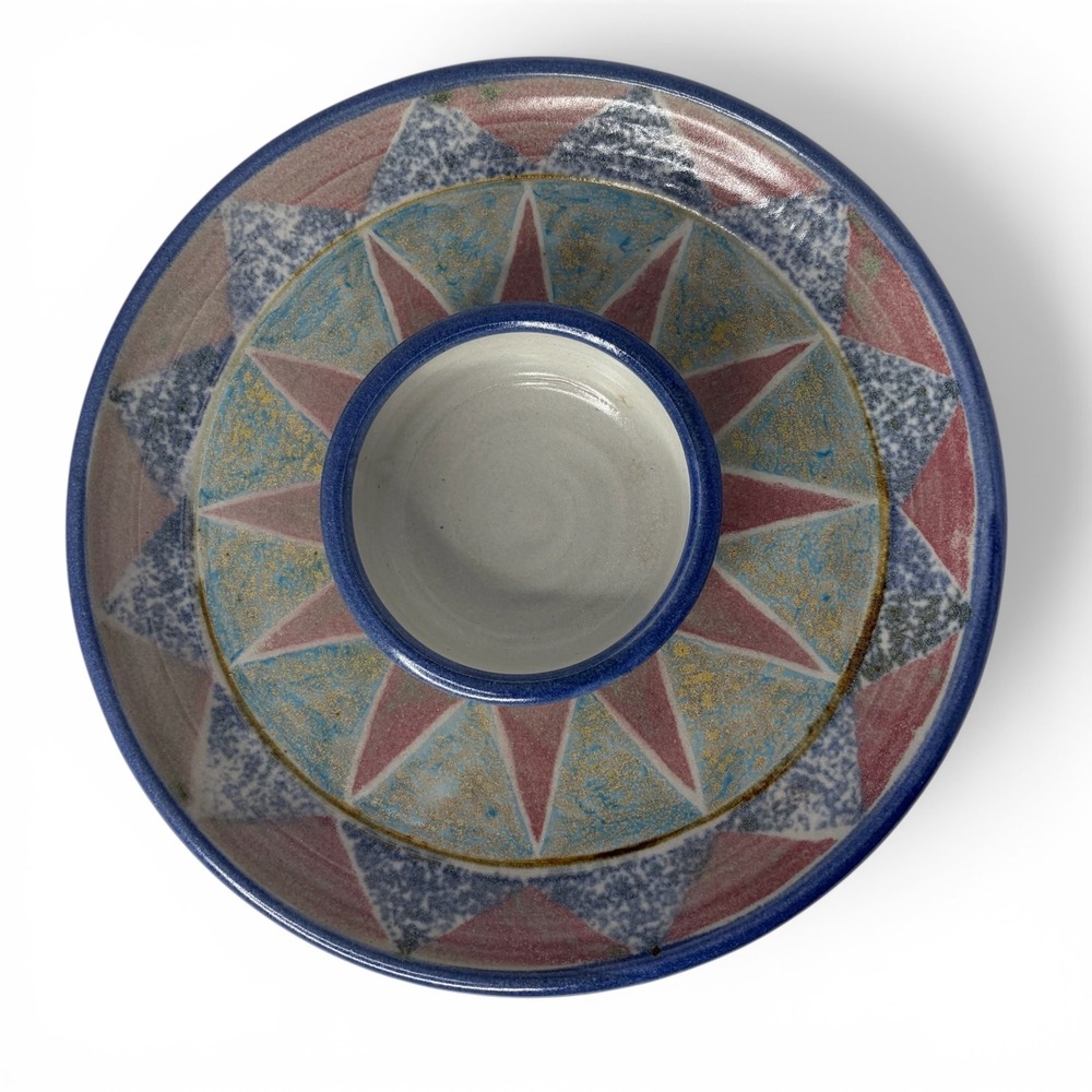 Signed‎ Handcrafted Art Pottery Chip & Dip Platter Tray Southwestern Geometric
